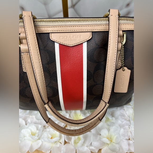 Coach Signature Stripe Red and White Center Stripe Nancy Satchel - Picture 9 of 14